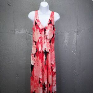 T Tahari Maxi Dress Women's Med Red Pink Black Abstract Floral Long Sleeveless
